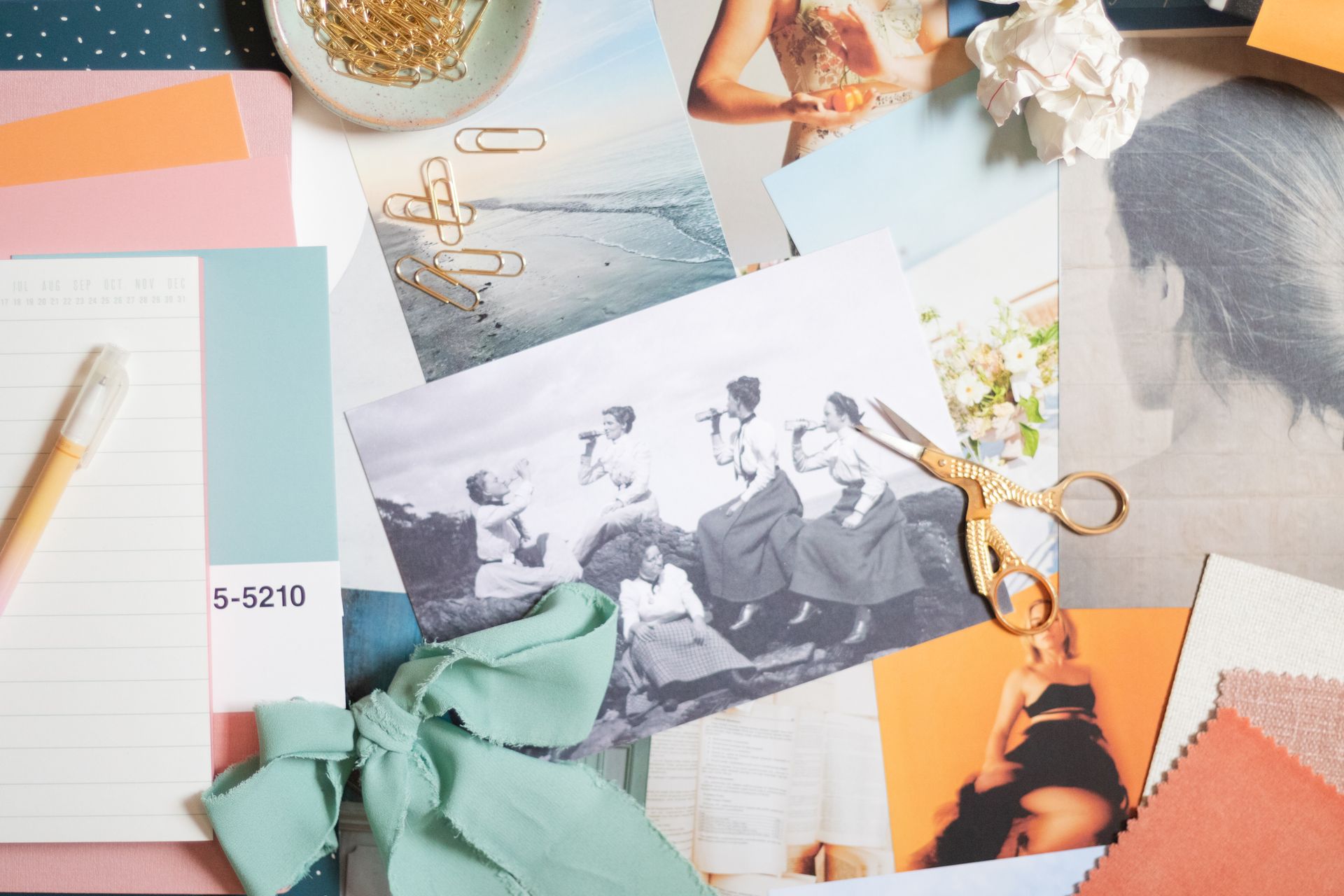 Moodboard of fabric swatches, sketches, and brand notes